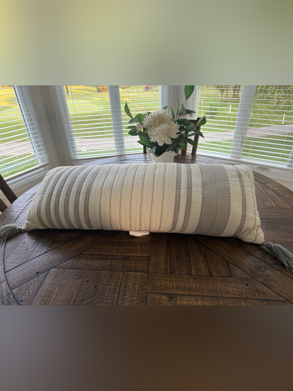 Hearth & Hand Striped Gray and Cream Lumbar Pillow with Tassels